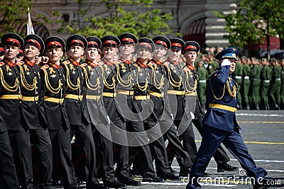 Pupils of the Tver Military Suvorov School during the parade on Red Square in honor of the Victory Day. Editorial Stock Photo