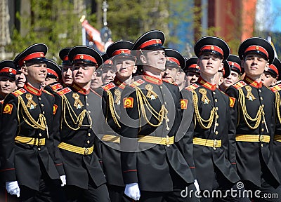 The pupils of the Tver Suvorov military school on dress rehearsal of parade on red square in honor of Victory Day. Editorial Stock Photo