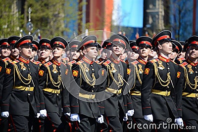 The pupils of the Tver Suvorov military school on dress rehearsal of parade on red square in honor of Victory Day. Editorial Stock Photo