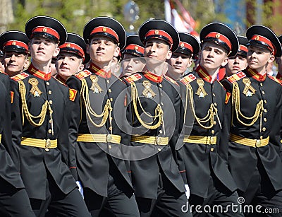 The pupils of the Tver Suvorov military school on dress rehearsal of parade on red square in honor of Victory Day. Editorial Stock Photo