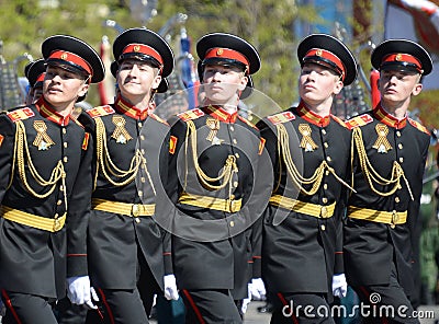 The pupils of the Tver Suvorov military school on dress rehearsal of parade on red square in honor of Victory Day. Editorial Stock Photo
