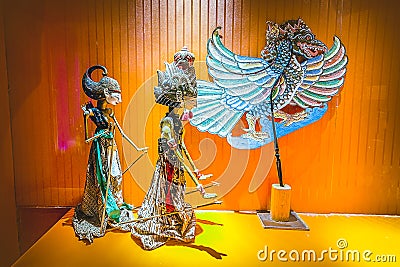 Puppet wayang kulit at Puppet Museum. Characters from Ramayana story. Old City Tourism Area. Editorial Stock Photo