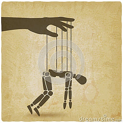 Puppet marionette on ropes on vintage background. Chronic fatigue syndrome concept Vector Illustration