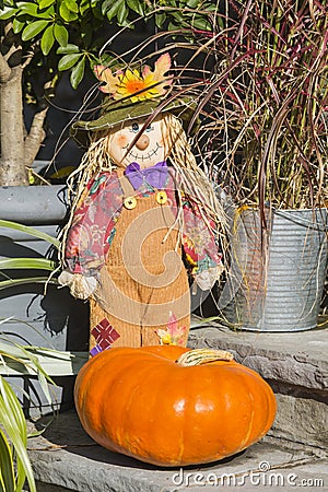 Puppet and Pumpkin Decoration in Autumn Stock Photo