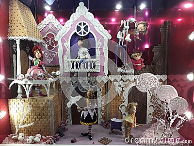 Puppet show. One of the decoration of shop windows for the new year in Kiev. Editorial Stock Photo