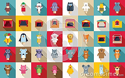 Puppet theater icons set flat vector. Marionette doll kid Stock Photo