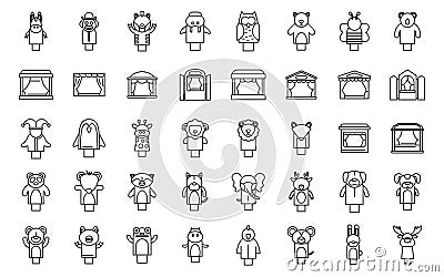 Puppet theater icons set outline vector. Marionette doll kid Vector Illustration