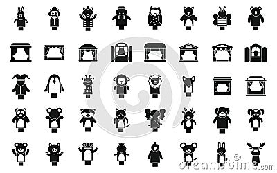 Puppet theater icons set simple vector. Marionette doll kid Vector Illustration
