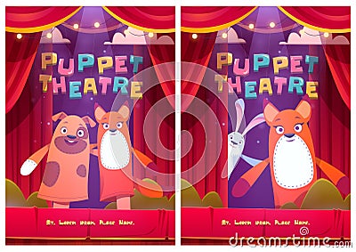 Puppet theatre posters with animals dolls Vector Illustration