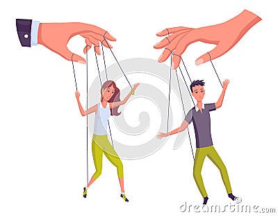 Puppeteer hands controlling puppets, manipulator concept. Worker being controlled by puppet master. Manipulates peopl Vector Illustration