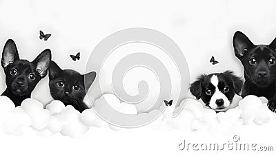 Puppies and Kittens Peekaboo with Butterflies Stock Photo