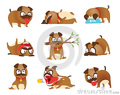 Puppy activity set. Cartoon dog set. Dogs tricks icons and action training digging dirt eating pet food jumping wiggle Vector Illustration