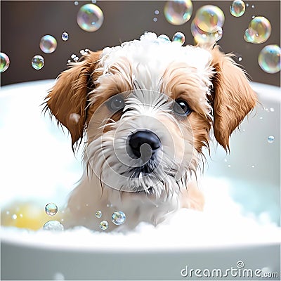 Puppy, bath and bubbly bliss for adorable cleanliness and joyful pampering. Stock Photo