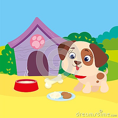 Puppy With Bone Near Booth Vector Illustration