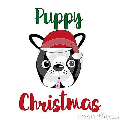 Puppy Christmas, cute Boston terrier face, wiht Santa`s cap. Vector Illustration