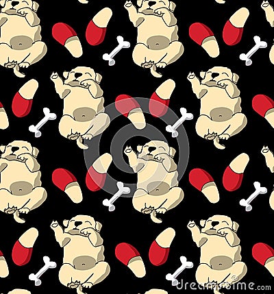 Puppy cute rest sleep relax seamless pattern dark wallpaper. Vector Illustration