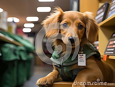 Puppy delivering mail in mini post office Stock Photo