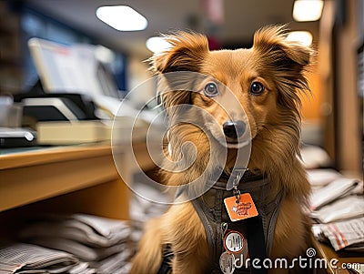 Puppy delivering mail in mini post office Stock Photo
