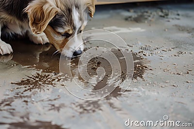 puppy with droopy ears by a muddy floor Stock Photo