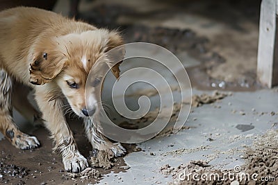 puppy with droopy ears by a muddy floor Stock Photo