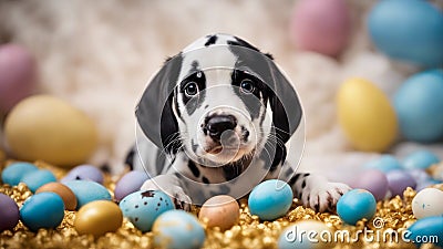 puppy with eggs A playful Dalmatian puppy , sitting amidst a comical mess of Easter eggs Stock Photo