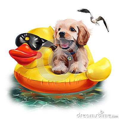 Puppy floats on an inflatable duck watercolor drawing Stock Photo
