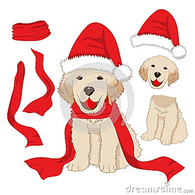 Puppy Golden Retriever with Santa Hat and Scarf. Baby Dog Labrador Greeting Card Christmas Day on White Background. Vector Illustration