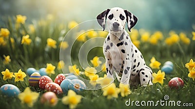 puppy in the grass An adorable Dalmatian puppy sitting in a grassy meadow, Stock Photo