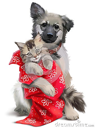 Puppy holding a kitten in the blanket. Watercolor painting Stock Photo