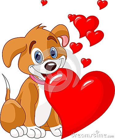 Puppy holding a red heart in her mouth Vector Illustration