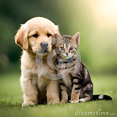 Puppy and kitten best friends - ai generated image Stock Photo