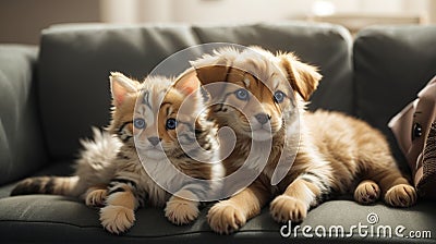 Puppy and kitten playing on a sofa Stock Photo