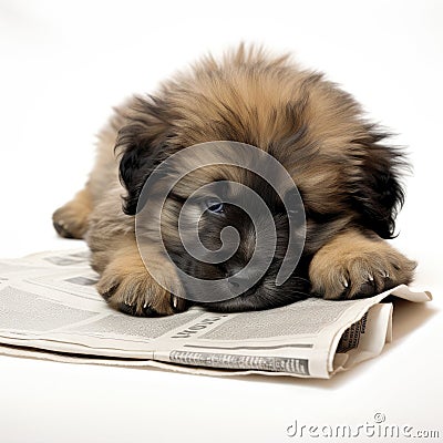 A cute puppy resting on a newspaper Stock Photo