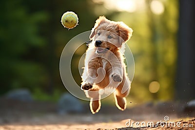 puppy learning to fetch small soft ball Stock Photo