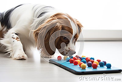 puppy looking at a dog puzzle toy for mental stimulation Stock Photo