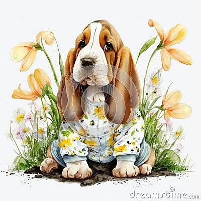 Puppy Love: Cute Basset Hound in Pajamas Sniffing Out Spring Flowers in the Garden AI Generated Stock Photo