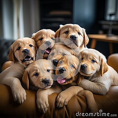 Puppy Pile: Blissful Relaxation on the Cozy Couch Stock Photo