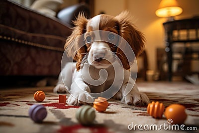 puppy playing with chew toys on living room floor Stock Photo