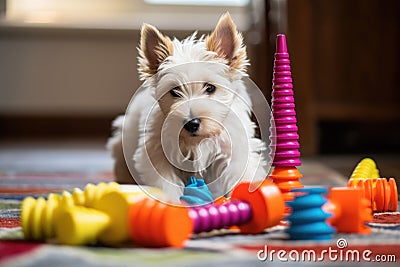 puppy playing with colorful chew toys on floor Stock Photo