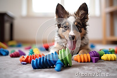 puppy playing with colorful chew toys on floor Stock Photo