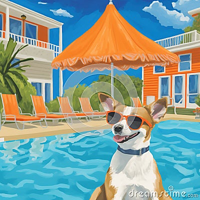 Puppy in a pool. Illustration of dog on vacation at swimming pool. Stock Photo