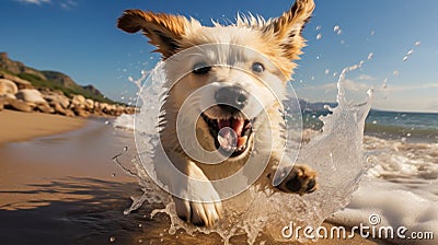 Puppy Running on Beach - AI Generated Stock Photo