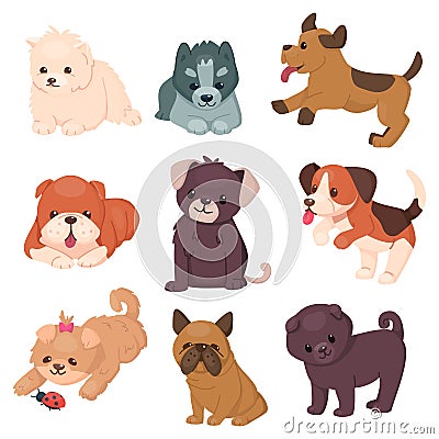 Puppy set with beautiful cute dogs. Different breeds of happy jumping and sitting pets. Husky and bulldog, pug and jack Vector Illustration