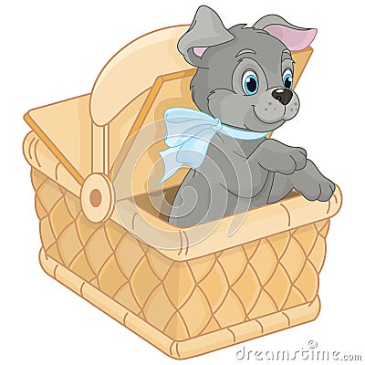 Puppy sitting in a basket Vector Illustration