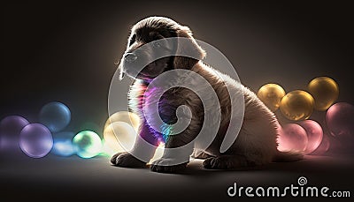 a puppy sitting in front of a group of balloons with a purple collar. Stock Photo