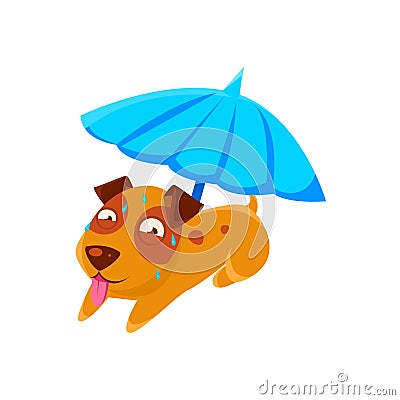 Puppy Sweating Under Umbrella On The Beach Vector Illustration