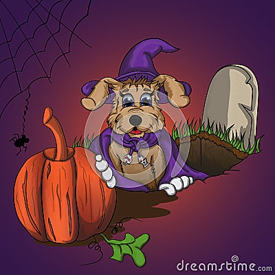 Puppy takes a pumpkin from the grave Vector Illustration