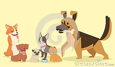 Puppy cute playing dogs characters funny purebred comic happy mammal doggy breed vector illustration. Vector Illustration