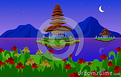 Pura Ulun Danu Bratan flat vector illustration Vector Illustration