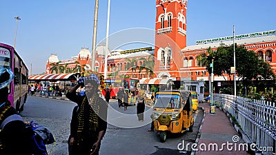 Puratchi Thalaivar Dr MGR Central railway station of Chennai City. Sabarimala Ayyappa devotees infront of station Editorial Stock Photo